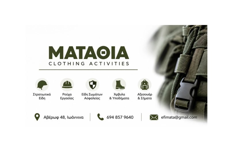 Banner του Ματαθία Clothing Activities με λογότυπο, κατηγορίες προϊόντων (στρατιωτικά είδη, ρούχα εργασίας, είδη σωμάτων ασφαλείας, άρβυλα, αξεσουάρ) και στοιχεία επικοινωνίας